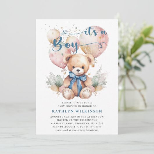 青い風船テディベアかわいい男の子の赤ちゃんシャワー 招待状 (スタンド正面)