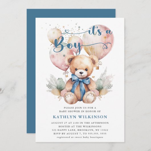 青い風船テディベアかわいい男の子の赤ちゃんシャワー 招待状 (正面/裏面)