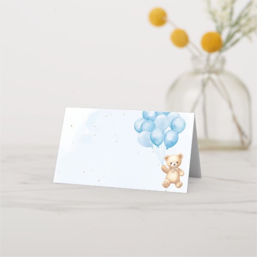 青い風船テディベア赤ちゃんシャワー プレイスカード (正面)