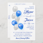 青い風船。エレガントな結婚式の招待状。 招待状 (正面/裏面)