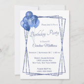 青い風船 グリッター 誕生日 招待状 (正面)