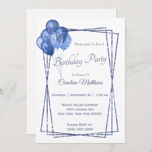 青い風船 グリッター 誕生日 招待状 (正面/裏面)