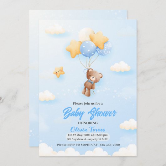 青い風船,テディベア男の子の赤ちゃんシャワー 招待状 (正面/裏面)