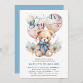 青い風船 テディベア かわいい男の子 ベビーシャワー 招待状 (正面/裏面)