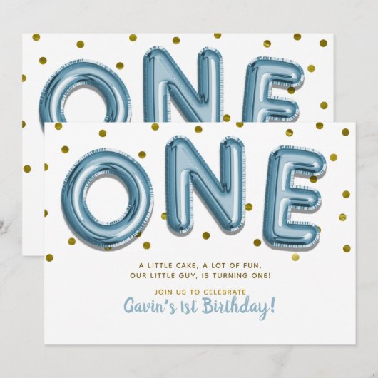 青い風船 金の紙吹雪 ONE 1歳の誕生日パーティー 招待状 (正面/裏面)