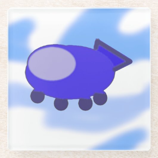 青い飛んでいる宇宙船 ガラスコースター (正面)