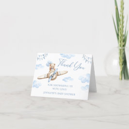 青い飛行機かわいいテディベア弓ベビーシャワー サンキューカード