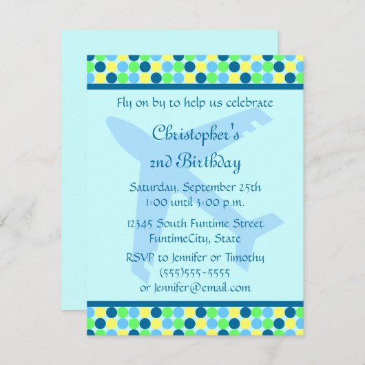 青い飛行機のドッツ少年誕生日パーティーの招待 招待状 (正面/裏面)