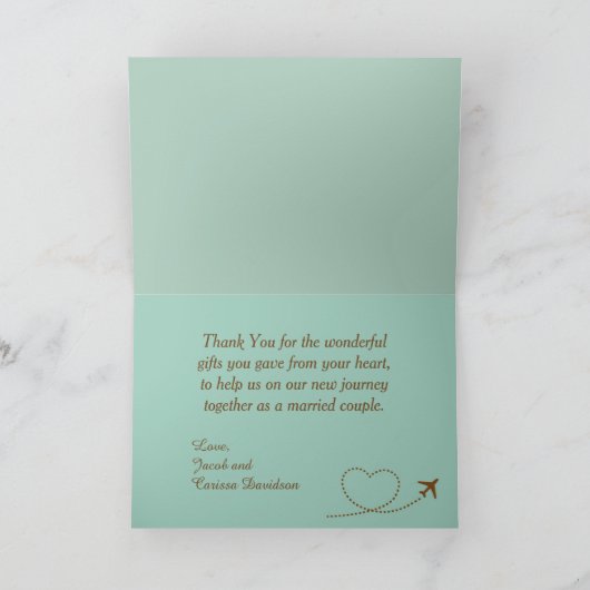 青い飛行機のハートウェディング折りたたみ式感謝カード サンキューカード (内部)