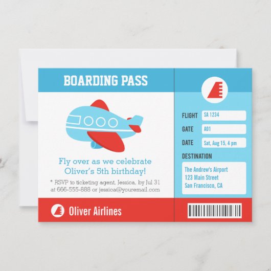 青い飛行機の搭乗券の誕生会 招待状 (正面)