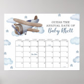 青い飛行機シャワー推測ベビー期日カレンダー ポスター (正面)