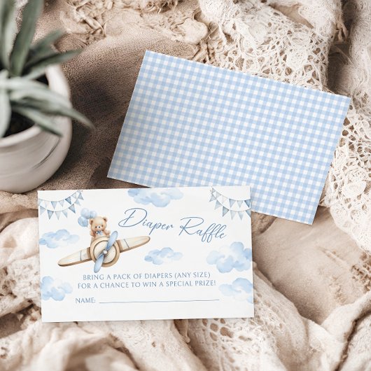 青い飛行機テディベア赤ちゃんシャワーおむつラッフル エンクロージャーカード