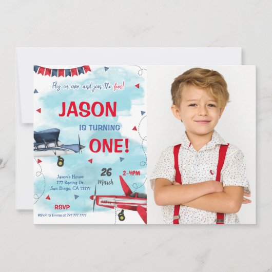 青い飛行機フォト招待状 招待状 (正面)