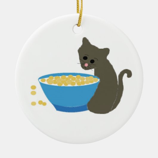 青い食器の横の可愛い猫 セラミックオーナメント (正面)