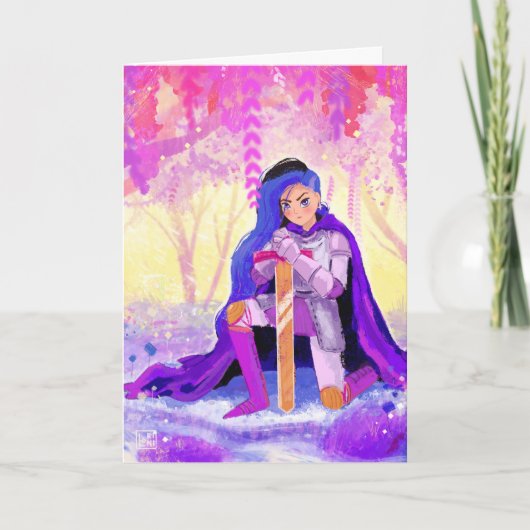 青い髪のはがきを持つ美しい女性の騎士 シーズンカード (正面)