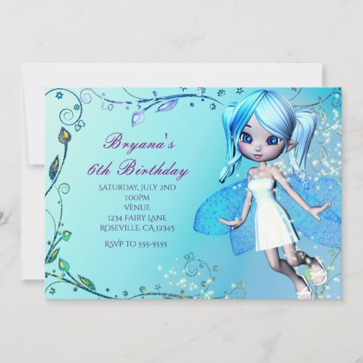 青い髪の妖精の女の子の誕生日パーティーの招待状 招待状 (正面)