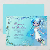 青い髪の妖精の女の子の誕生日パーティーの招待状 招待状 (正面/裏面)