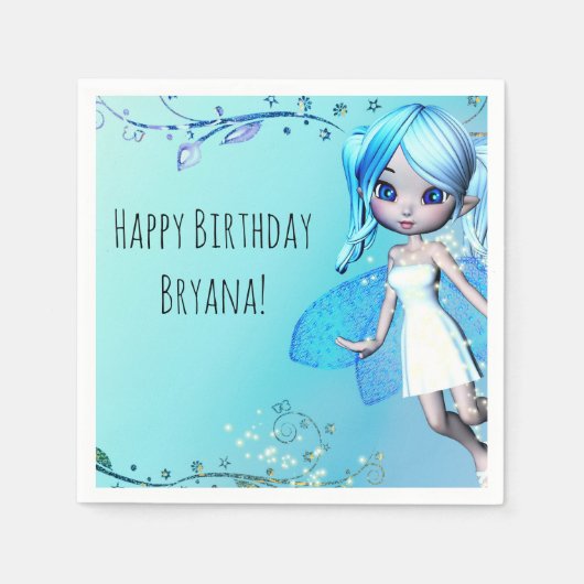 青い髪の妖精の女の子の誕生日パーティー スタンダードカクテルナプキン (正面)