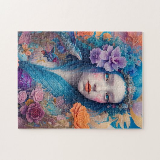 青い髪の花と魚を持つマーメイド飛んでいる ジグソーパズル (横)