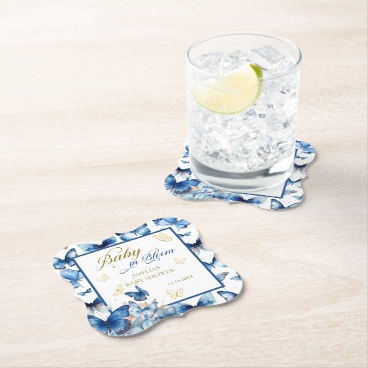 青い魅力的蝶ベビーの開花赤ちゃんシャワー ペーパーコースター (インサイチュ)