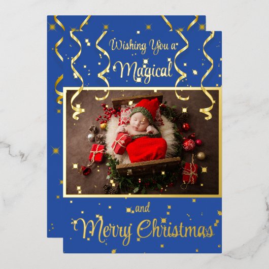 青い魔法の写真メリークリスマスグリーティング 箔シーズンカード (正面/裏面)