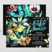 青い魔法の蝶のデジタル少年ベイビーシャワー 招待状 (正面/裏面)