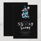 青い魔法使いの帽子をかぶったかわいい魔法使いと黒猫のハロウィン 招待状 (正面/裏面)