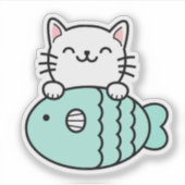 青い魚と可愛い猫 シール (正面)