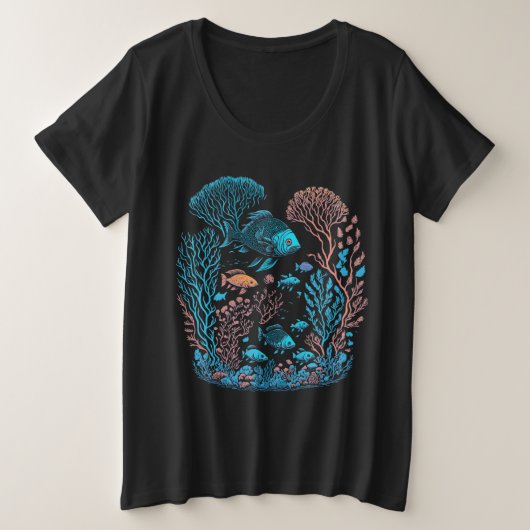 青い魚と珊瑚礁グラフィック プラスサイズTシャツ (デザイン正面)