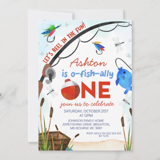 青い魚のボートの多くは1歳の誕生日 招待状 (正面)
