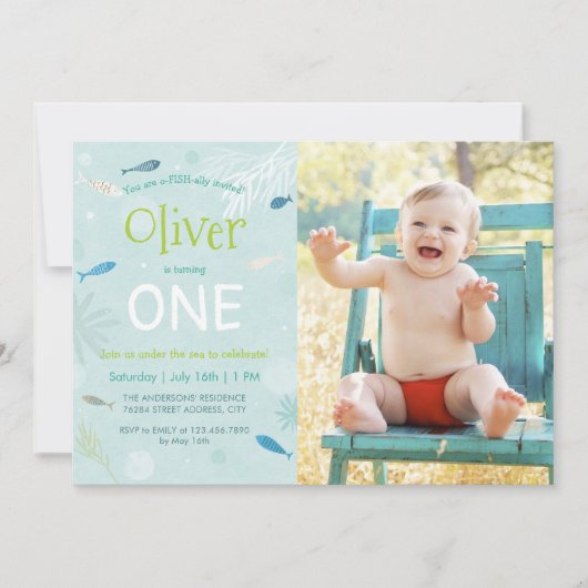 青い魚の子供の誕生日パーティー写真カード 招待状 (正面)