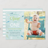 青い魚の子供の誕生日パーティー写真カード 招待状 (正面/裏面)