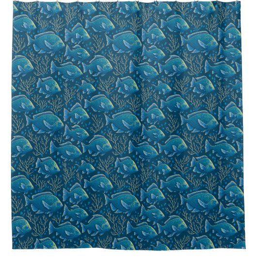 青い魚の柄 シャワーカーテン (正面)