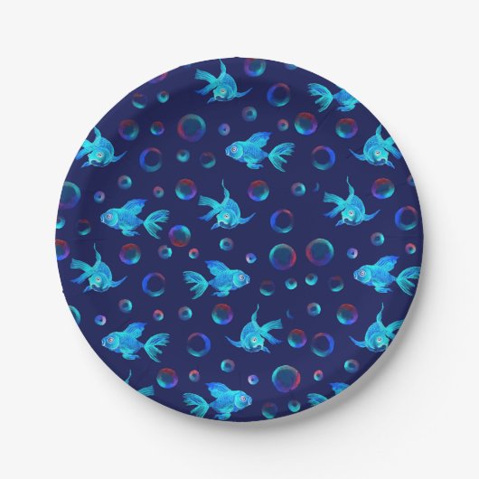 青い魚の柄 ペーパープレート (正面)
