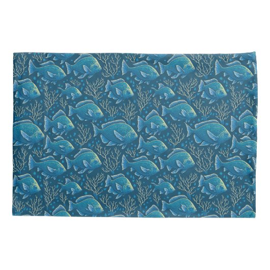 青い魚の柄 枕カバー (裏面)