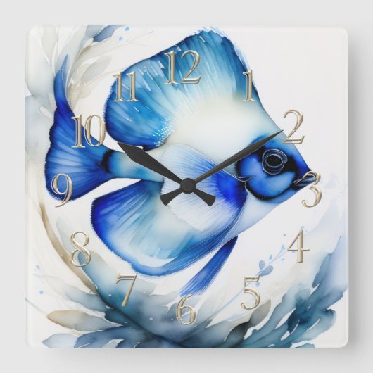 青い魚の水彩画 スクエア壁時計 (正面)
