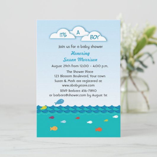 青い魚の男の赤ちゃんのシャワー 招待状 (スタンド正面)