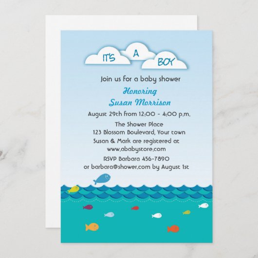 青い魚の男の赤ちゃんのシャワー 招待状 (正面/裏面)