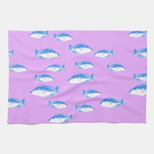 青い魚の薄紫 キッチンタオル (横)