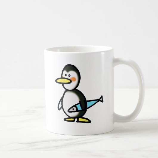 青い魚を持つかわいいペンギン コーヒーマグカップ (右)