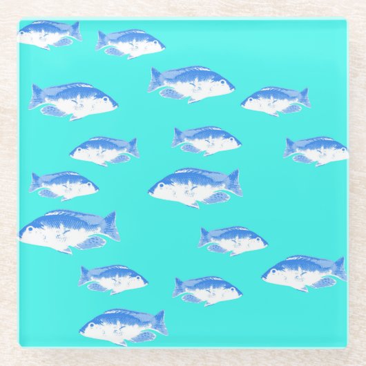 青い魚オンターコイズ ガラスコースター (正面)