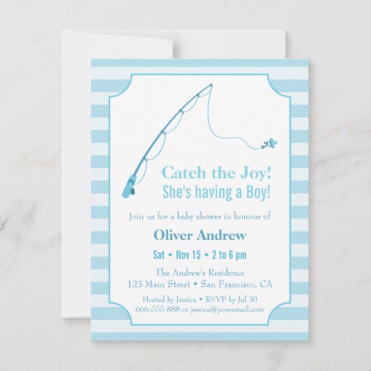 青い魚釣りをテーマにしたベビーシャワー招待状 招待状 (正面)