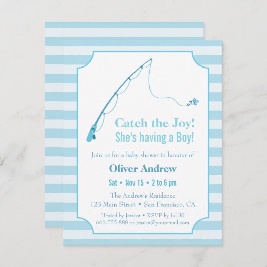 青い魚釣りをテーマにしたベビーシャワー招待状 招待状 (正面/裏面)