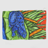 青い鮮やかカエル黒いスポットリリーパッドリード ゴルフタオル (横)