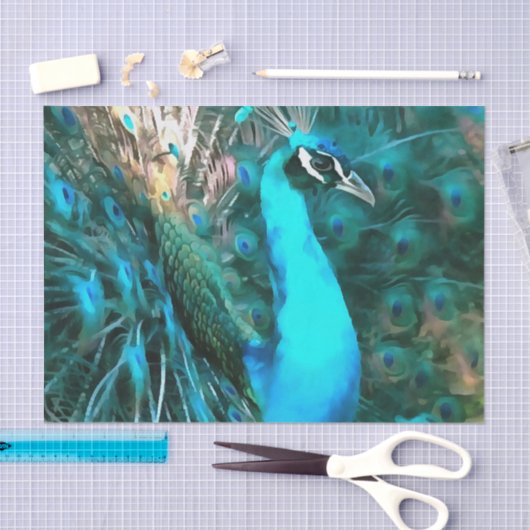 青い鮮やか孔雀が尾を扇いで入る 薄葉紙 (クラフト)