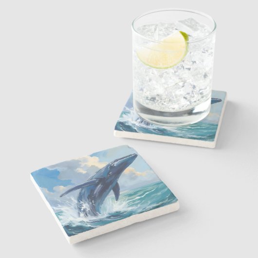 青い鯨の海洋動物の絵画 ストーンコースター (横)