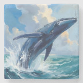 青い鯨の海洋動物の絵画 ストーンコースター (正面)