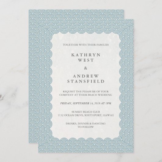 青い鱗片状日本の青海波結婚の 招待状 (正面/裏面)