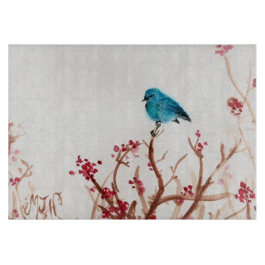 青い鳥および果実のガラスまな板11.5 x 8 カッティングボード (正面)