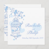 青い鳥がケージを開ける四角い結婚式招待状 招待状 (正面/裏面)